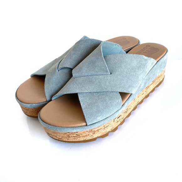Sorel Cameron Flatform Light Blue Wedge Sandals Womens 8.5 - Picture 1 of 9